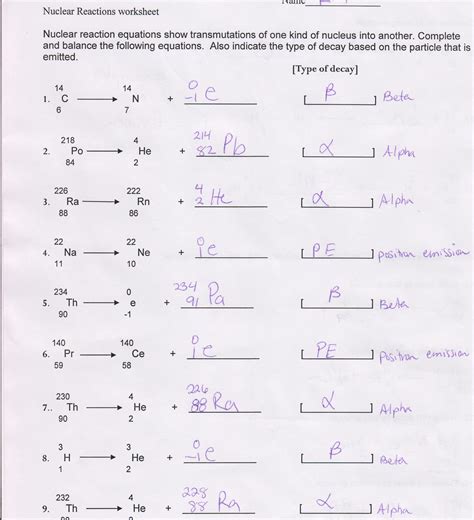 nuclear decay reactions worksheet answers